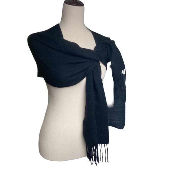 Enzo Montovani 100% Cashmere Luxury Lightweight Black Scarf with Fringe 12”x70” - Picture 1 of 5
